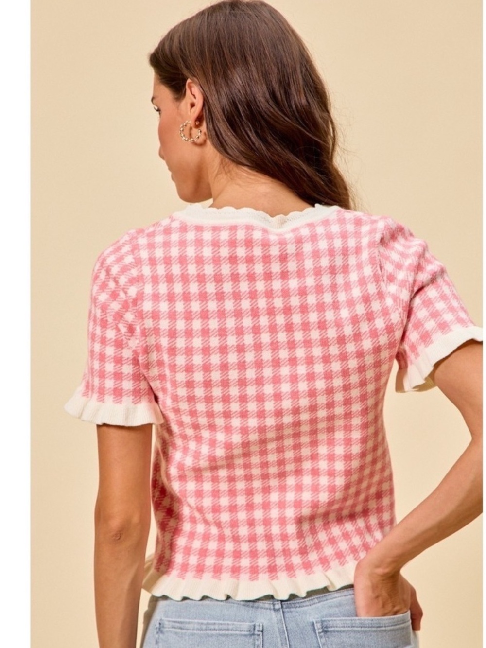 SO ME XL White Ivory Pink Gingham Knit Ruffle Trim Short Sleeve Sweater Top - Picture 7 of 13